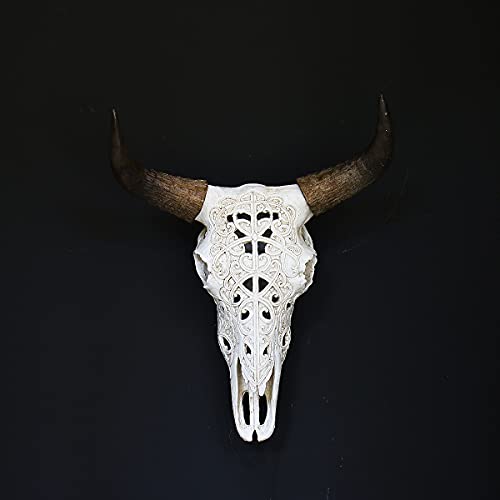Otartu White Tribal Design Carved Steer Skull Wall Hanging Sculpture, 19 Inch Steer Head Bull Wall Décor (White) #TOP4