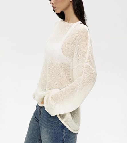 Image of Sweters for Women, Womens Sweater, O-Neck Solid Color See Through Pullover Jumper Shirt Beach