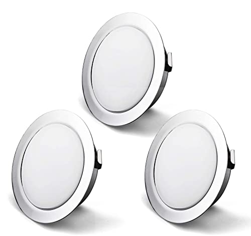 Set de 3 luminaires pour meuble LED 230V, 3,5W LED IP44 G4 15mm spots encastrables pour meuble plat, 3000K blanc chaud, hotte de cuisine, spot encastrable salle de bain (Chrome) Cover