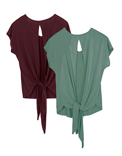 icyzone Damen Rückenfrei Yoga Top Fitness Sport Kurzarm Shirt Oberteil Casual T-Shirt Loose Fit, 2er Pack (M, Wine/Agate Green) icyzone Damen Rückenfrei Yoga Top Fitness Sport Kurzarm Shirt Oberteil Casual T-Shirt Loose Fit, 2er Pack (M, Wine/Agate Green)