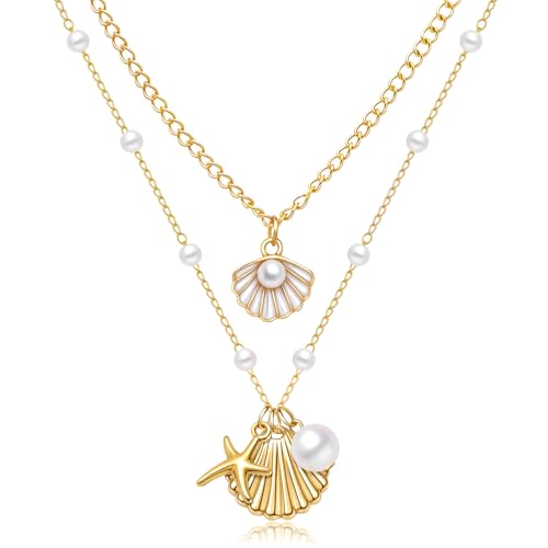 Nanafast Layered Seashell Necklace for Women Adjustable Boho Sea Shell Starfish Pendant Necklaces Beach Jewelry for Summer Outfits with Velvet Pouch