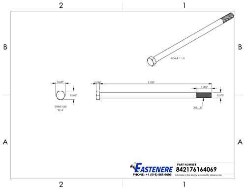 Image of 3 /8-16 x 7-1 /2 inch Hex Head Cap Screw Bolts, External Hex Drive, Stainless Steel 304, Partially Threaded, Stainless Steel, Quantity 5 By Fastenere