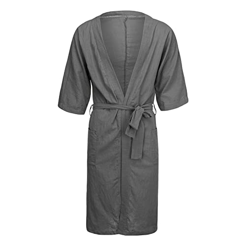 Soluo Men's Loose Kimono Robe Linen Woven Bathrobe Casual Clothing Pajamas V Neck Long Gown Nightgown Loungewear