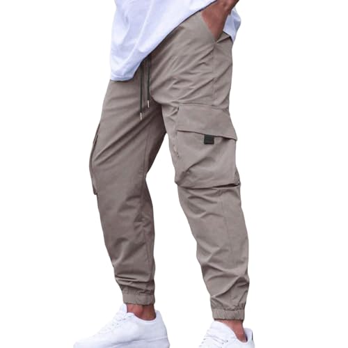 Mens Fashion Cargo Pants Elastic Waist Casual Lightweight Tapered Stretch Sweatpants Drawstring Joggers Hiking Trouser