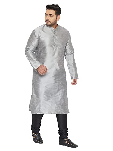 Image of Vastramay Plus Men Men's Grey And Black Silk Blend Kurta Pyjama Set