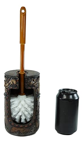 Image of Ebros Gift Rustic Western Country Cowboy Riding Horses Silhouette with Floral Gold Patterns in Faux Tooled Leather Finish Toilet Brush and Sanitary Holder Set Bathroom Accent