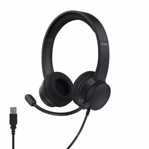 Trust Roha II On-Ear USB PC Headset with ENC Noise Cancelling Microphone, Lightweight Design, 1.8m Cable, 85% Recycled Plastic, Wired USB C Headphones with Mic for Computer Laptop Mac Teams, Black