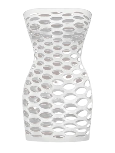 WDIRARA Women's Sexy Fishnet Babydoll Lingerie Tube Dress See Through Sleeveless Bodycon Mini Nightgowns White One Size