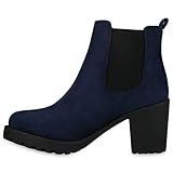  Stylische Damen Boots Stiefeletten Chelsea Boots Knöchelhohe Stiefel Zipper Leder-Optik Booties Schuhe 110404 Marine Blau 39 Flandell