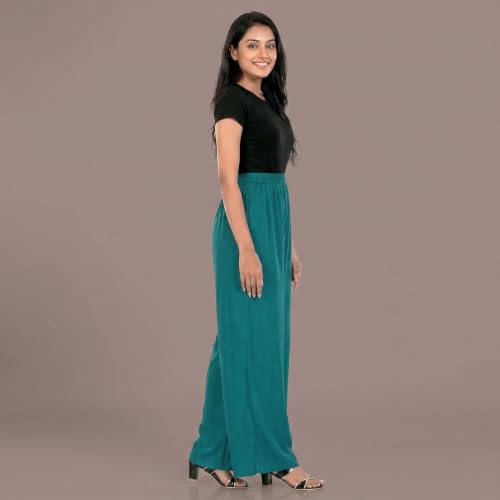 Image of FASHION GALLERY Women's Solid Rayon Palazzo Pants | Relaxed Fit Full Length Wide Leg Palazzo | Elastic Waist Comfortable Casual Lounge Office Ethnic Flared Trousers for Women