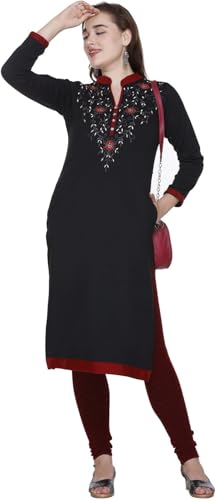 Image of Rosary Women's Winter Woolen Kurti Embroidered Straight Fit Ethnic Wear with 2 Side Pockets