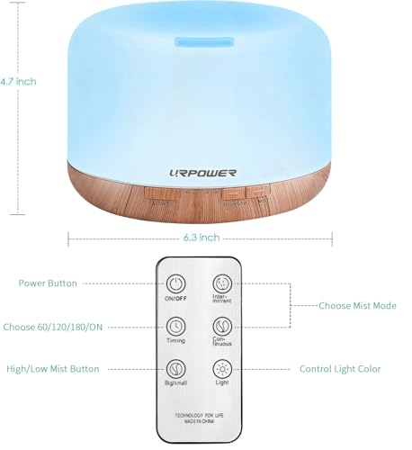 Image of URPOWER 500ml Aromatherapy Essential Oil Diffuser Ultrasonic Air Humidifier with 4 Timer Settings 7 LED Color Changing Lamps, 10 Hours Continuous Mist Mode Running - AUTO shut off