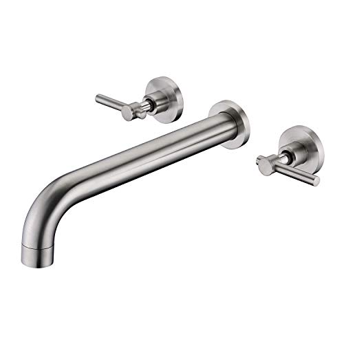Wall Mount Tub Filler Faucet Brushed Nickel High Flow Bathtub Faucet Two Handles Solid Brass, Long Spout Reach, sumerain by sumerain - Used condition - US$102.51