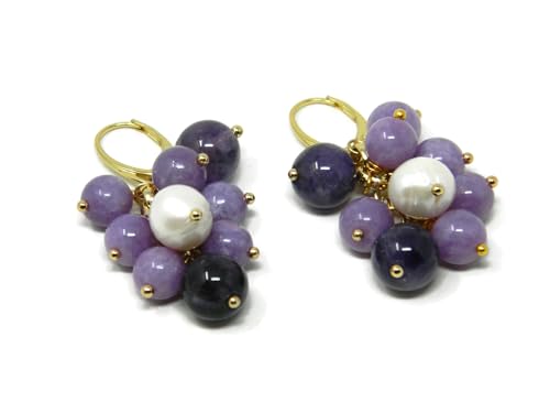 Boucles d'oreilles jade lavande améthyste perles plaquées or pendantes femme