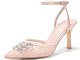 Coutgo Womens Rhinestone High Heels Closed Pionted Toe Bow Mesh Pumps Ankle Strap Wedding Bride Dress Shoes, Pink, Size 8.5