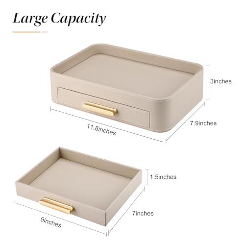 Valet Jewelry Tray Nightstand Organizer with Drawer, PU Leather Perfume Tray Trinket Trays for Vanity Bathroom Entryway, Catchall Trays for Key Purse Watch Cologne, Gift for Women Men, Beige - Image 4