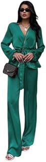 SATEN KRUVAZE BAĞLAMALI BLUZ- PANTOLON TAKIM - Yeşil