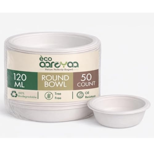 Image of Eco Aaroyaa Disposable Bagasse Bowls - 120 ML - Pack of 50 Biodegradable Disposable Bowls - Eco-Friendly Dip, Sauce, Chutney & Dessert Cups - Leak-Resistant Small Serving Bowl (Pack of 50)