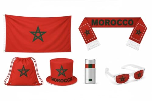 Morocco World Cup Soccer Fan Kit 6 Items: Flag Scarf Hat Bag Glasses Coloring