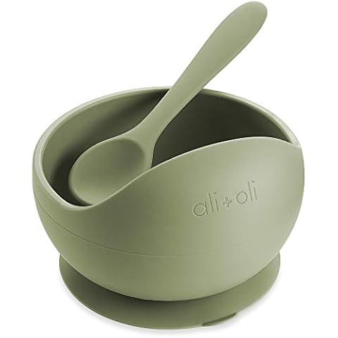Ali+Oli Silicone Suction Bowl and Spoon Set (Sage, Original) - Unbreakable Suction Bowls for Baby 6 Months and Up, Self Feeding Baby Utensils, First Stage Baby Feeding Supplies Cover