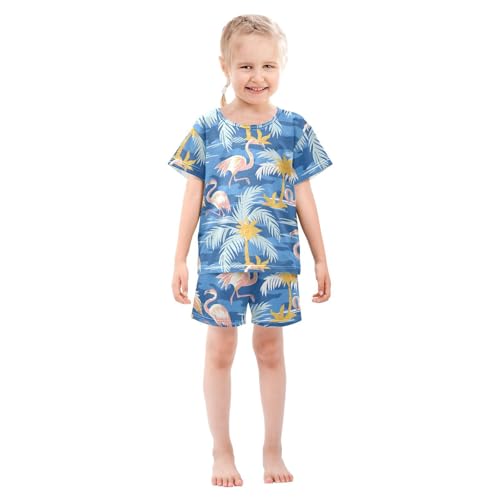 ALAZA Flamingo Palm Leaves Camouflage Pajamas Short Sleeve 2 Piece Sleepwear Top and Bottom Pajama Set Unisex3