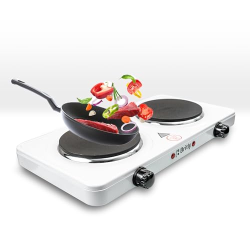 Britly Double Hot Plate 1000W & 1000W | Flexible and Precise Tabletop Cooking with 2 Ring Hobs and Cast-Iron Heating Plates – Portable Electric Hob for Home, Camping, and Caravans - 1 Year Warranty
