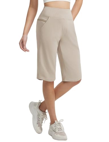 baleaf Womens Bermuda Long Shorts 14 Knee Length Capris with Pockets Athletic Shorts Walking Athletic Casual Summer Khaki L