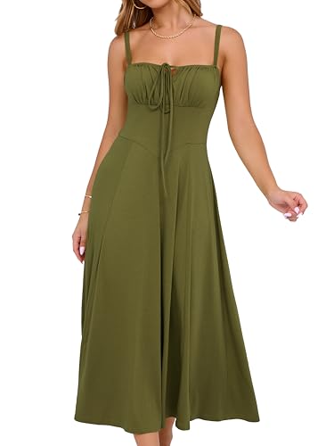 Image of YATHON Women's Summer Midi Corset Boho Dresses Spring Casual Floral Spaghetti Straps Lace Up Dress Flowy Aline Beach Sundress