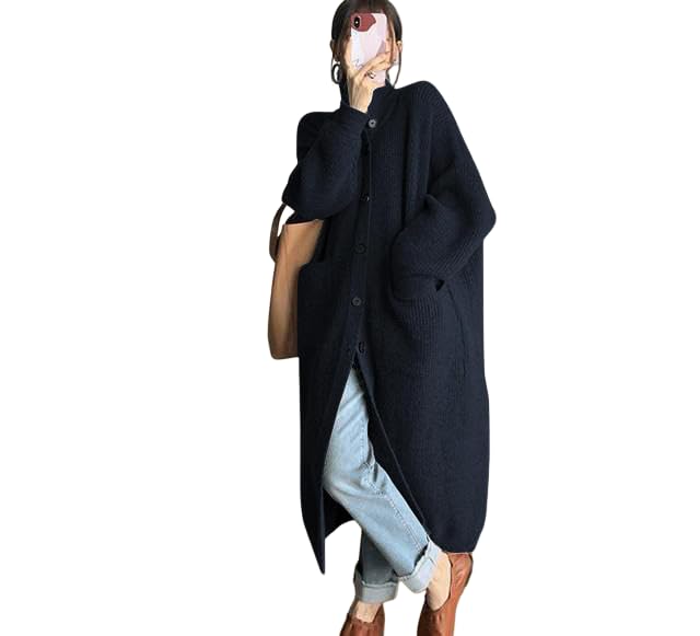 Womens Long Cardigan Sweaters Warm Winter Turtleneck Knit Front Button Sweater Trench Coat with Pockets