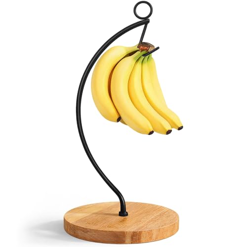 MTKITDER Banana Holder Stand with Wooden Base, Black Metal Banana Tree Hanger, Sturdy Banana Hook Rack to Keep Bananas Fresh, Easy to Install