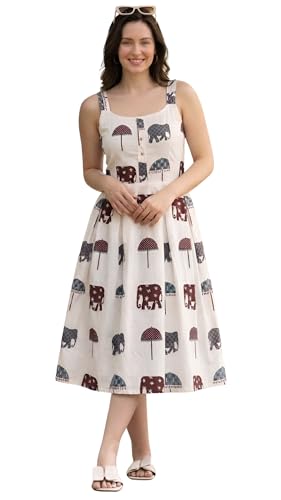 Image of Bollyclues Women's Cotton Printed Midi Dress | Sleeveless Square Neck Casual Summer Dress for Women | Stylish Vacation Dress