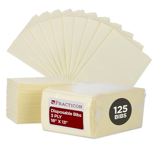 Practicon 125 Pack Cream Disposable Patient Bibs, 18" x 13", 3 Ply Waterproof Paper Bib Sheet with Poly Back, Dental, Medical, Tattoo, Nail Tray or Table Cover, 125 Pack