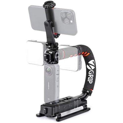 Zeadio Video Handheld Stabilizer, Triple Cold-Shoe Handle Grip with Smartphone Holder、360° Ball Head Mount, Compatible with All Camera Sport Camera DSLR Smartphone