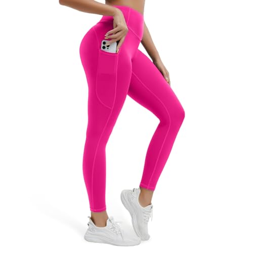 AMLEER Buttery Soft Leggings with Pockets for Women High Rise No Front Seam Yoga Pants Tummy Control Casual Lounge Leggings Hot Pink X-Large