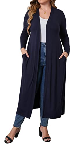 Women Floor Length Open Front Drape Cardigan Plus Size Lightweight Long Sleeve Maxi Duster with Pockets Navy Blue