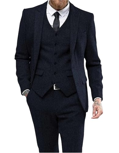 Costume 3 pièces bleu marine en laine et tweed pour homme taille 3XL