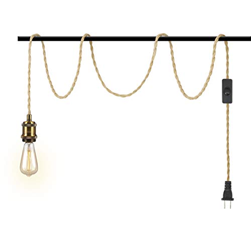 Industrial 16.4Ft Pendant Light Cord - Hanging Light Kit With Switch Plug In Vintage Fabric Lamp Cord With Twisted Hemp Rope Pendant Lights Socket Set E26 E27 (Vintage Brass) #TOP2