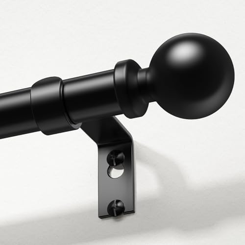 Black Curtain Rods for Windows 30 to 56 Inch, Adjustable Heavy Duty 1" Diameter Decorative Curtain Rod with Matte Black Round Finials, Modern Easy Install Extendable Metal Drapery Pole Set