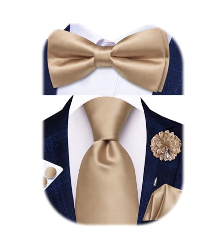 Image of Hi-Tie 5Pcs Mens Solid Color Silk Tie Satin Pretied Bowtie Lapel Pin for Men Handkerchief Cufflink Wedding Gift Box