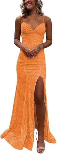 Spaghetti Straps Sequin Prom Dress with Slit Sparkly Mermaid Long Orange Formal Dress 2026 Backless...