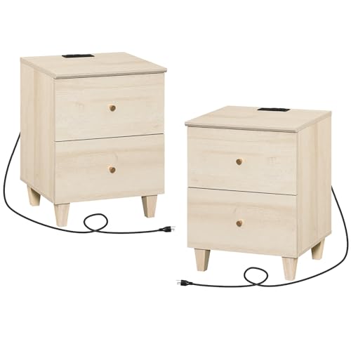 WAMPAT Nightstands with Charging Station & 2 Drawers, Set of 2 Modern Mid-Century End Tables Wooden Bedside Table for Living Room, Bedroom Storage, Light Oak