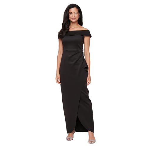 Alex Evenings Women's Stretch Scuba Crepe Off The Shoulder Dress with Foldover Cuff Neckline and Embellishment Detail Black