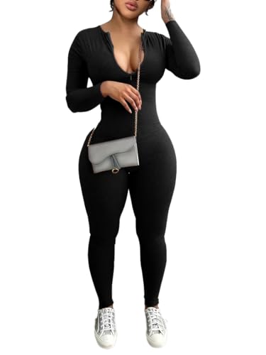 Mrskoala Women Long Sleeve Bodycon Jumpsuit One Piece Zip Up Romper