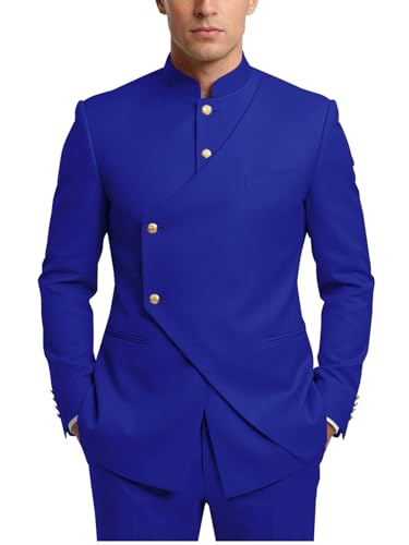Men's Suit for Wedding 2 Piece Mandarin Collar Blazer Pants Tuxedo Set Formal Slim Fit Chinese Tunic Royal Blue Suits for Men 6XL
