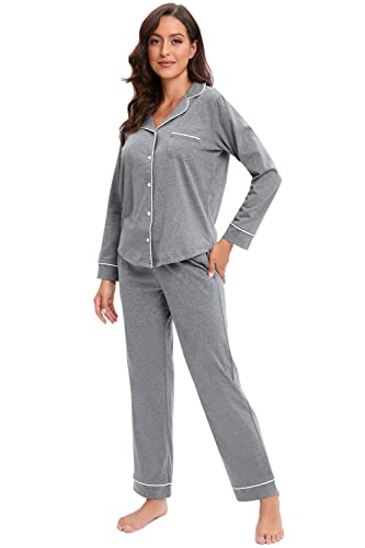 Image of LUBOT 100% Cotton Pajamas for Women PJ Set Soft Long Sleeve Button-Down Shirt 2 PC Set Warm Sleepwear Loungewear Night Suit (Dark Gray, XL)