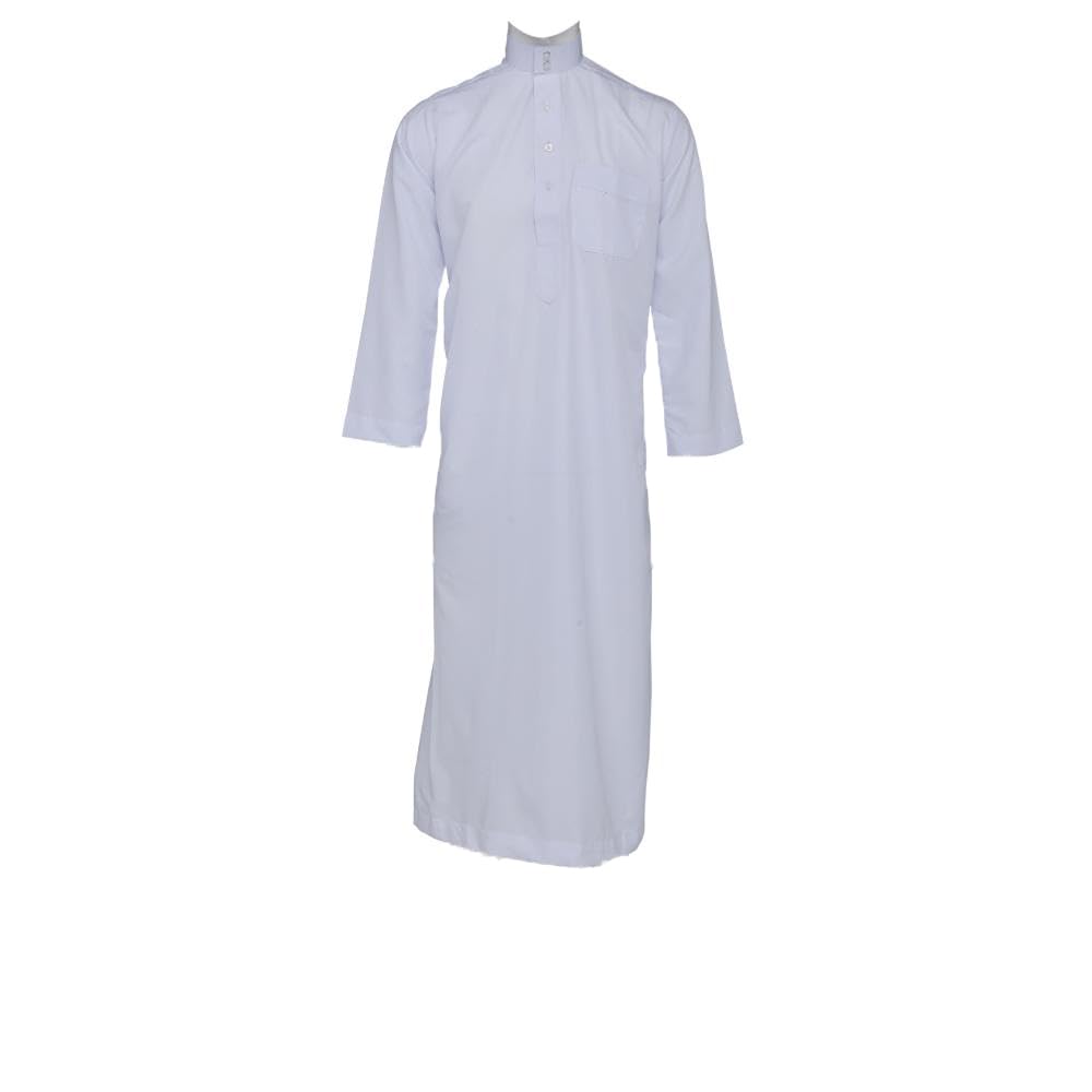Classic Men's White Qatari Kandoora | Traditional Arab Thobe with a Stand-Up Collar & Pockets | Comfortable & Easy-Care Polyester