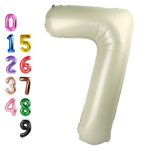 Image of Number Balloons Cream 7 Balloon 40 inch for 7th Birthday Party Decoration | Saturated Color, Large 40 inch, With Inflation Straw & Hanging Holes, Great for Wedding, Anniversary, Thanksgiving, Christmas