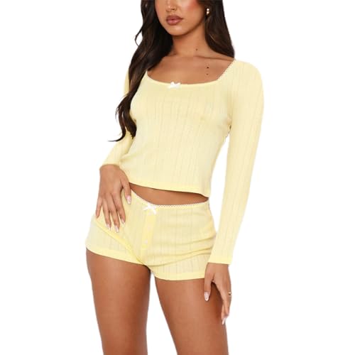 Image of Women's Two Piece Outfit Lace Trim Top and Shorts Set 2 Piece Lounge Sets Ladies PJs Summer Clothes