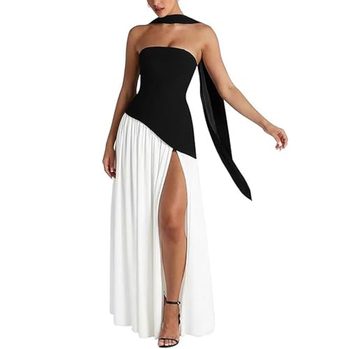 Trägerloses Korsett für Damen, asymmetrisch, hoch geteilt, fließend, Maxikleid, Abendkleid, Hochzeitsgästekleid mit Schal, Schwarz Weiß, Klein