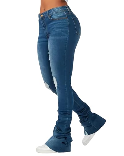 Women's Stacked Jeans Classic High Waisted Ripped Stretchy Bootcut Skinny Denim Pants Trousers with Pockets3